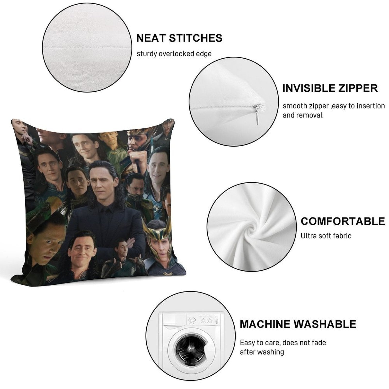 Tom Hiddleston Collage Soft Hidden Zipper Throw Pillow