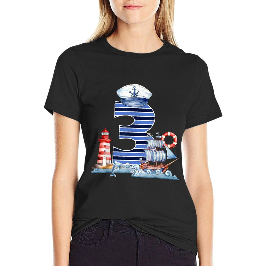Kid Three 3 Years Old Boy Sailor Nautical 3rd Birthday Party  Relaxed-fit T-Shirt