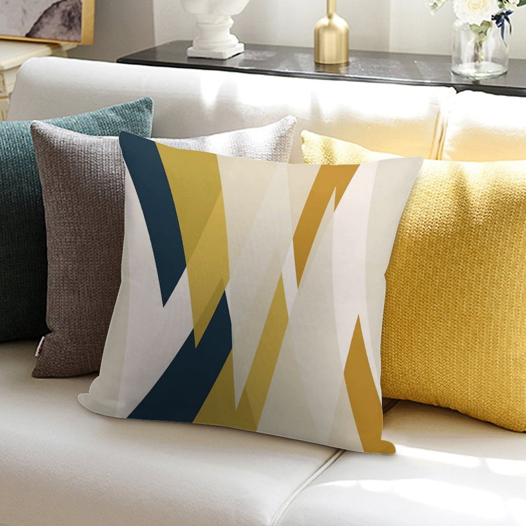 Triangular Abstract in Mustard Yellows, Navy Blue, And Blush Tones. Minimalist Geometric Soft Reinforced Edging Throw Pillow