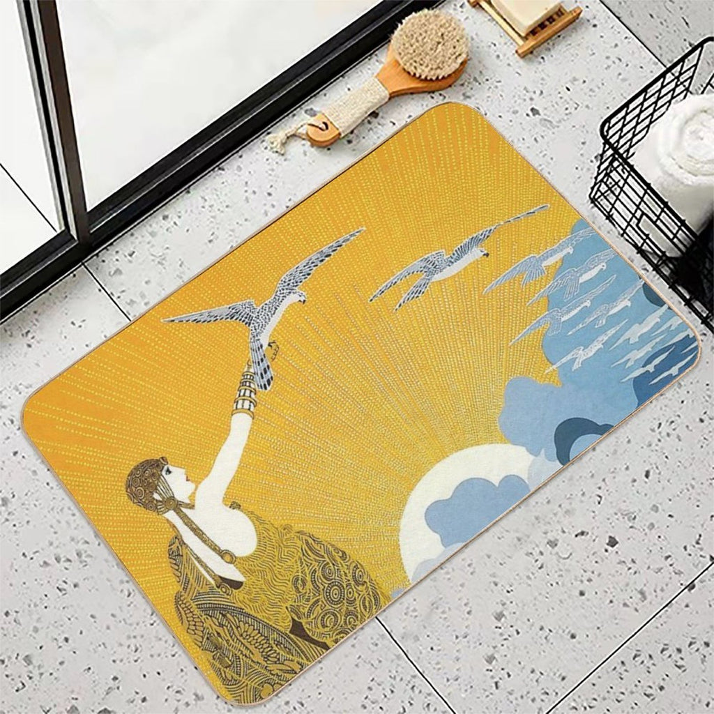 Art Deco Era Fashion, Woman with Birds And Ocean  Non-Slip Bath Mat