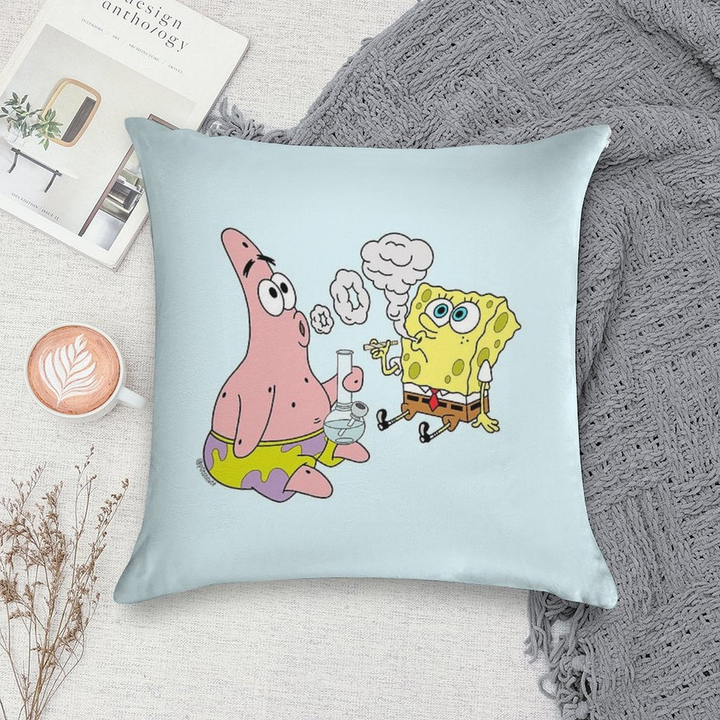 Spongebob And Patrick Smoking Weed Cannabis Cartoon Art Soft Hidden Zipper Throw Pillow