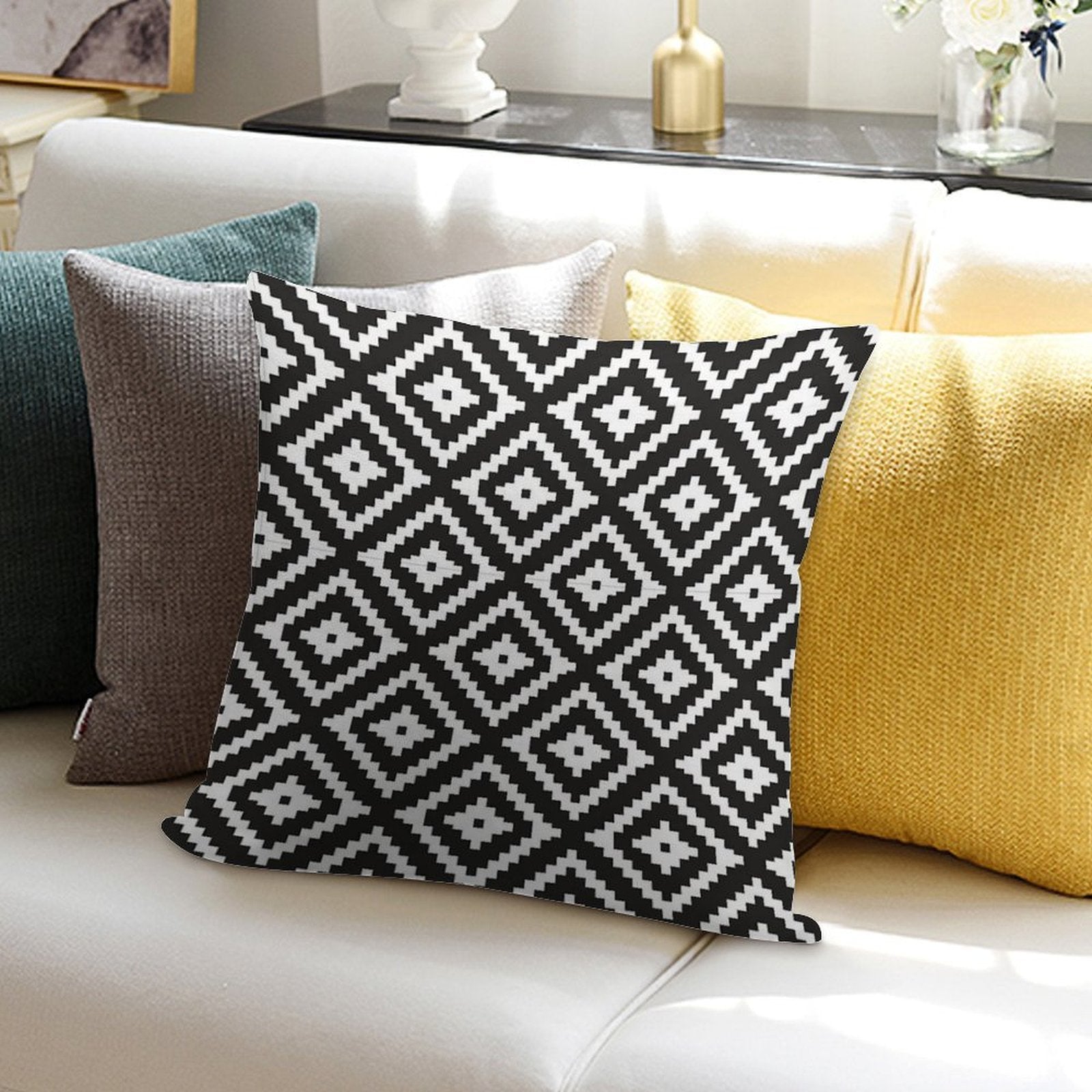 Aztec - White on Black Soft Short Plush Fabric Throw Pillow