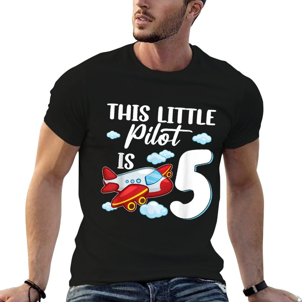 This Little Pilot Is 5 Year Old Kids Airplane 5th Birthday  Rolled Sleeves T-Shirt