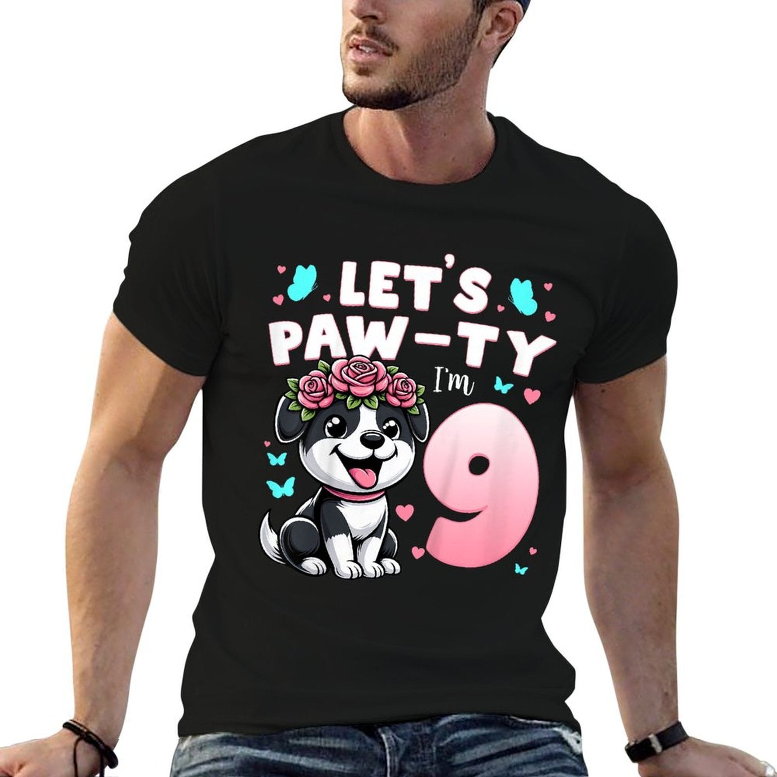 Kids Let's Paw-ty 9th Birthday Girl Dog Puppy Lover 9 Years Old  Classic T-Shirt