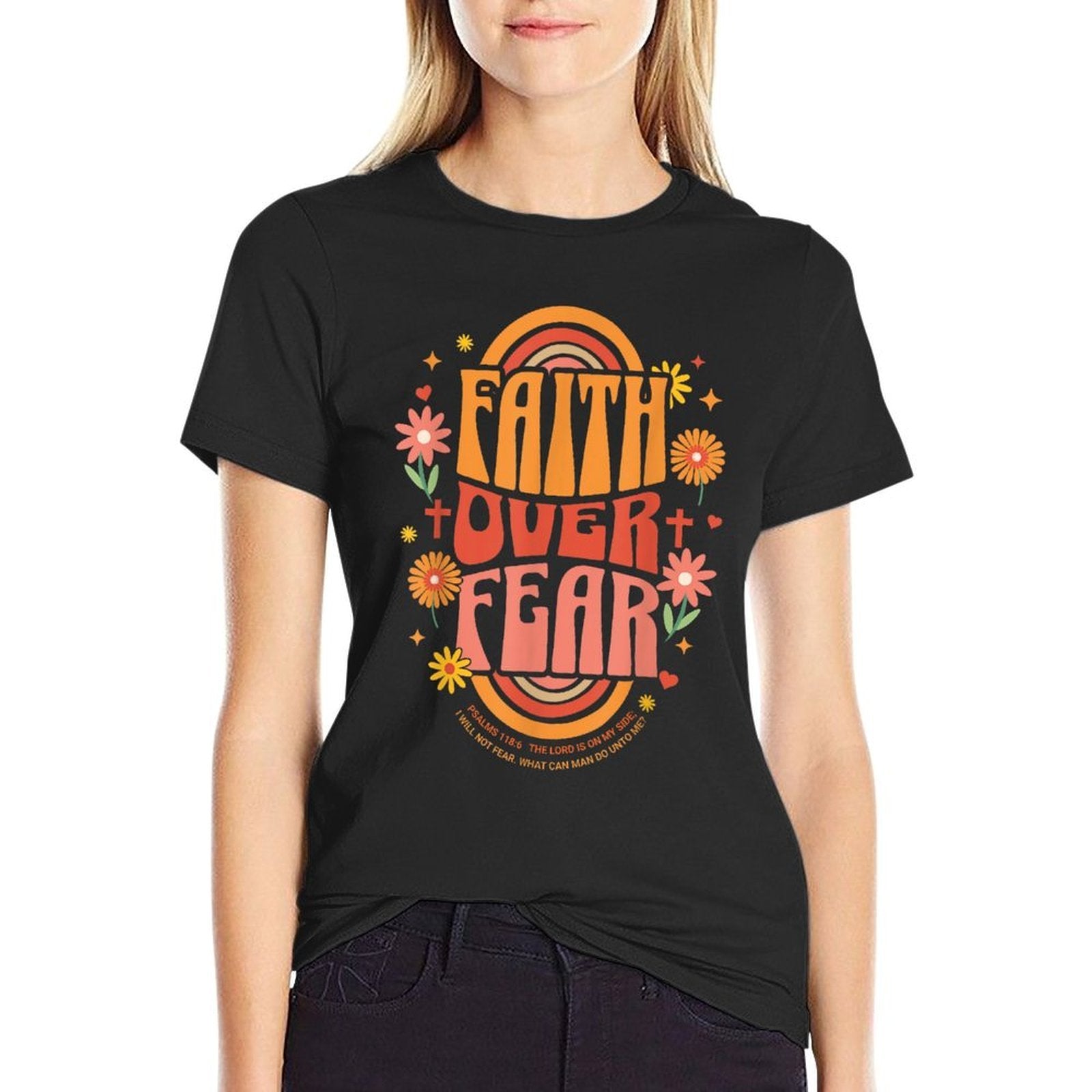 Faith Over Fear Christian Retro Floral 70s Womens Kids  Moisture-wicking T-Shirt