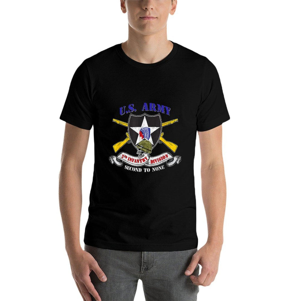 2nd Infantry Division Veteran 2ID - Unisex Adults - Black - Small - - Modern Classic Fit U-Neck - Military Veteran  Rolled Sleeves T-Shirt