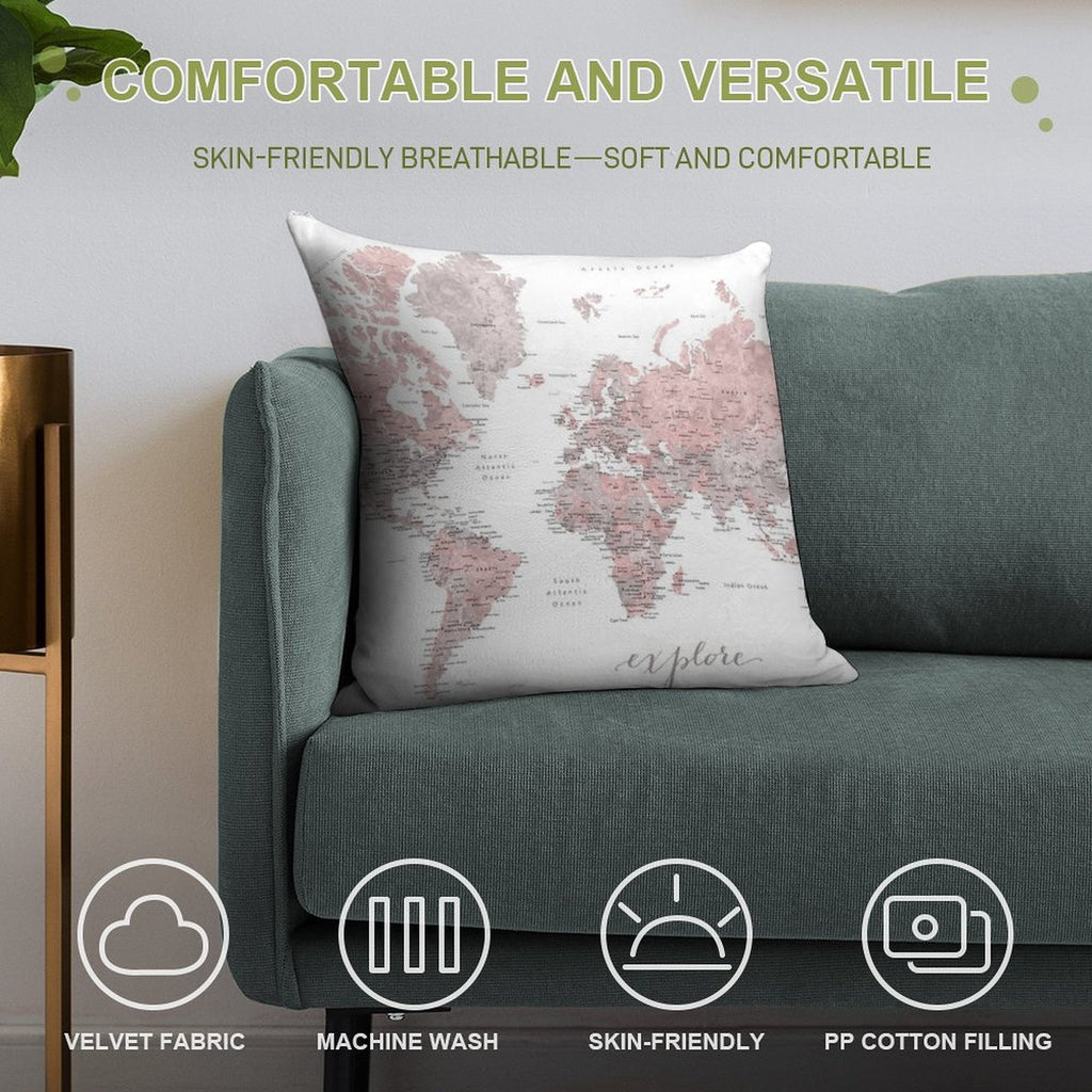 Explore - Dusty Pink And Grey Watercolor World Map, Detailed Soft Fade-Resistant Throw Pillow