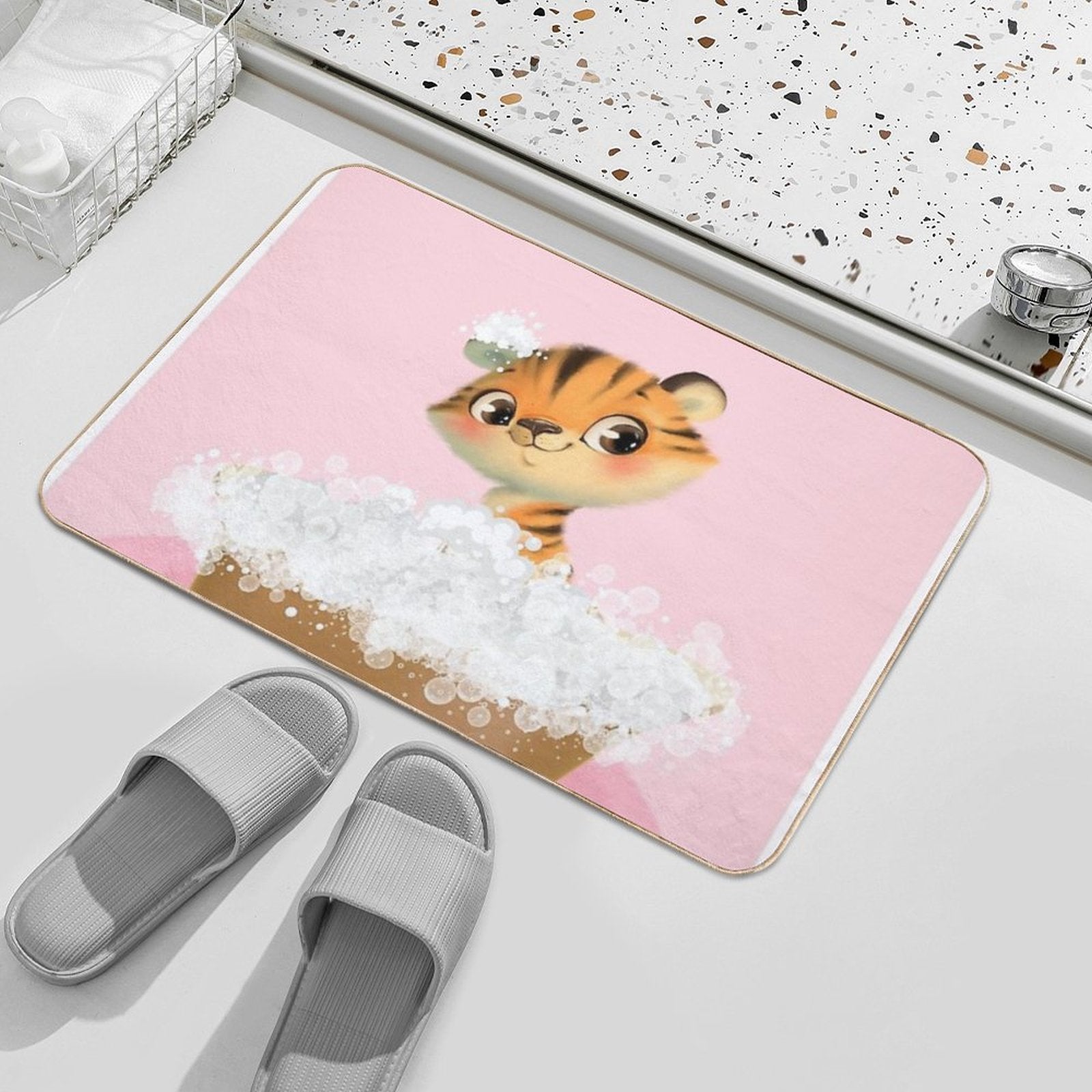 Cute Baby Tiger in A Bathtub, Girls Bathroom Print, Baby Animals in Tub, Whimsy Animal, Kids Bathroom Art  Dirt-Trapping Bath Mat