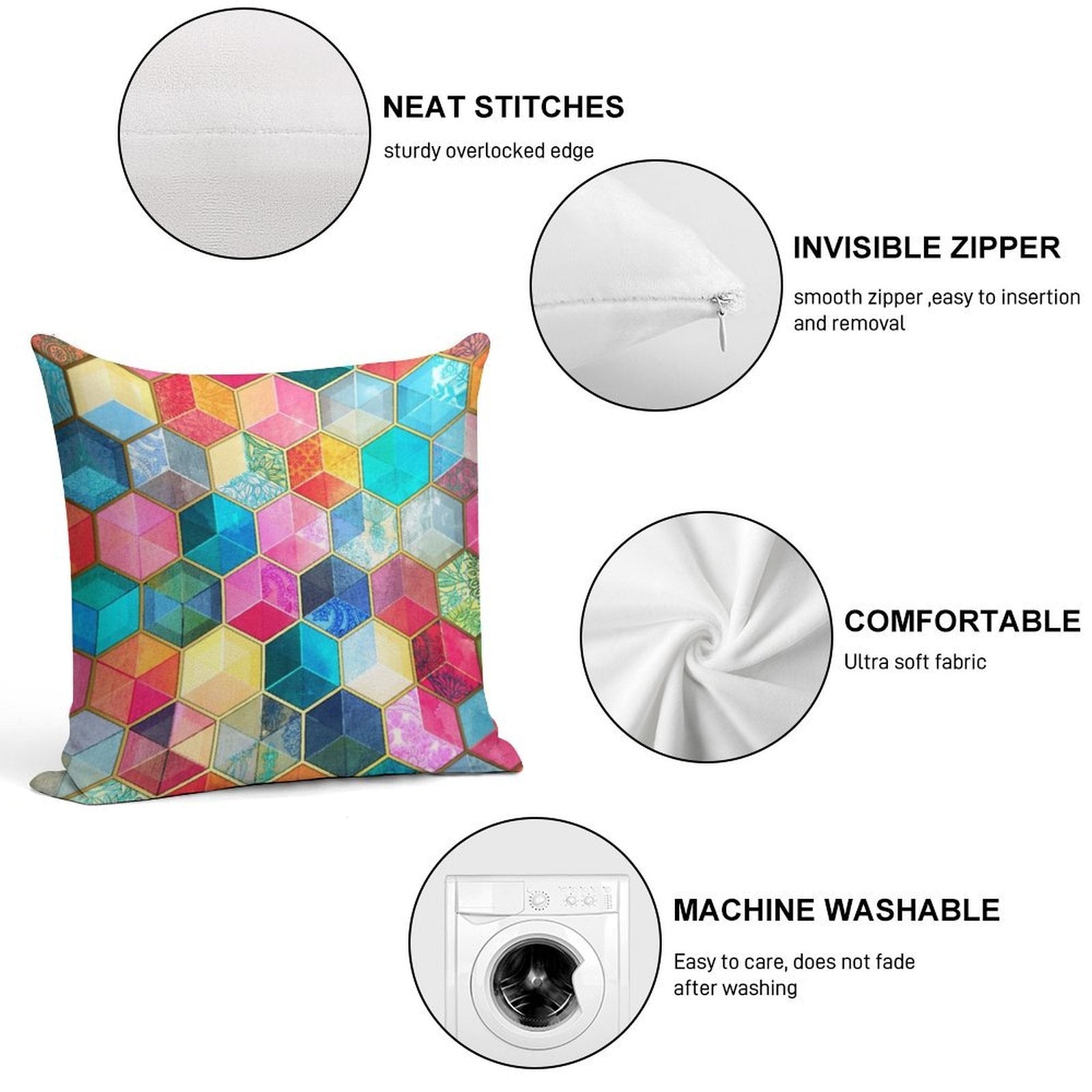 Crystal Bohemian Honeycomb Cubes - Colorful Hexagon Pattern Soft Anti-Pilling Throw Pillow