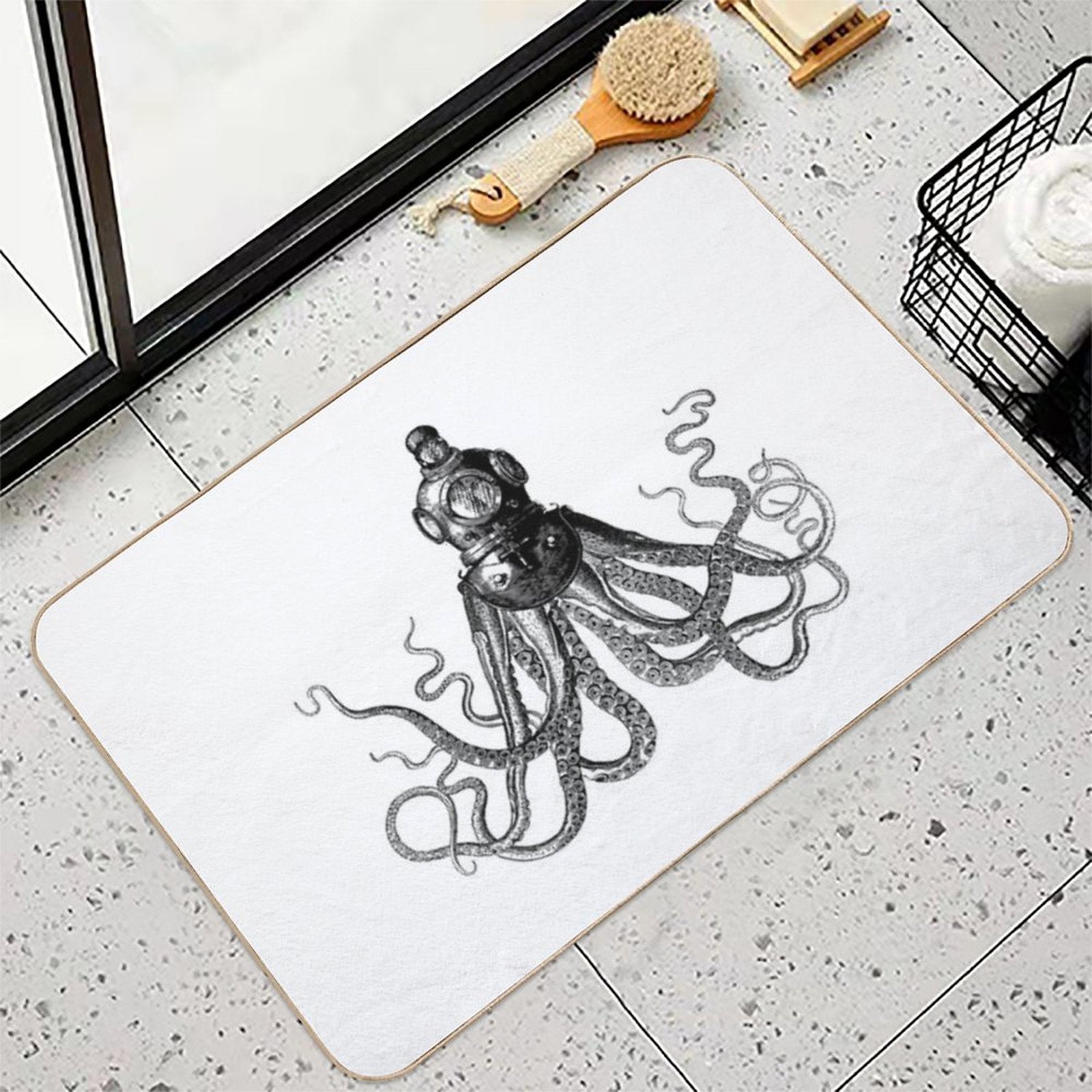 Octopus in Diving Helmet  Deep Sea Divers Helmet  Vintage Octopus  Tentacles  Anthropomorphic  Black And White Durable Bath Mat