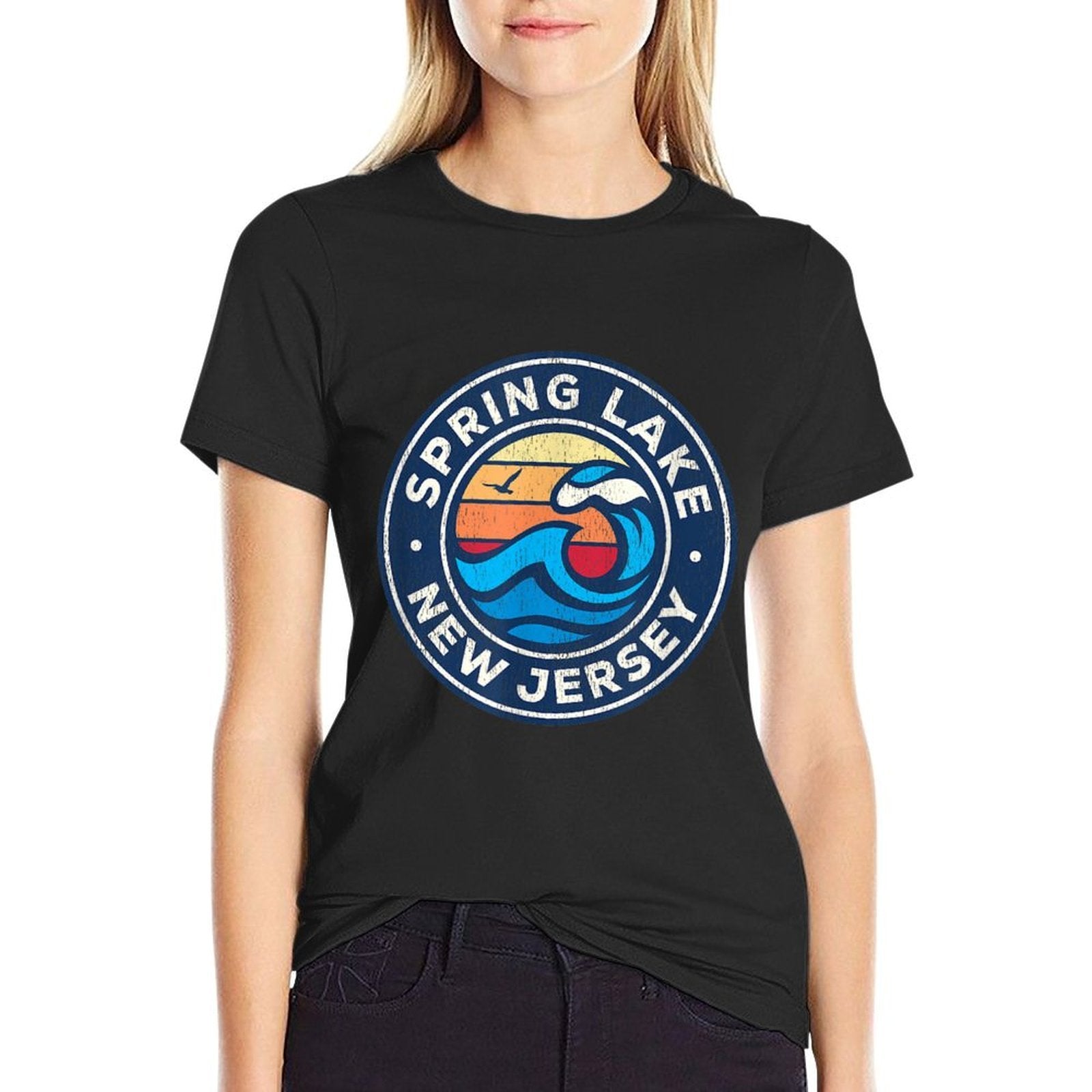 Spring Lake New Jersey NJ Vintage Nautical Waves Design  Cotton T-Shirt