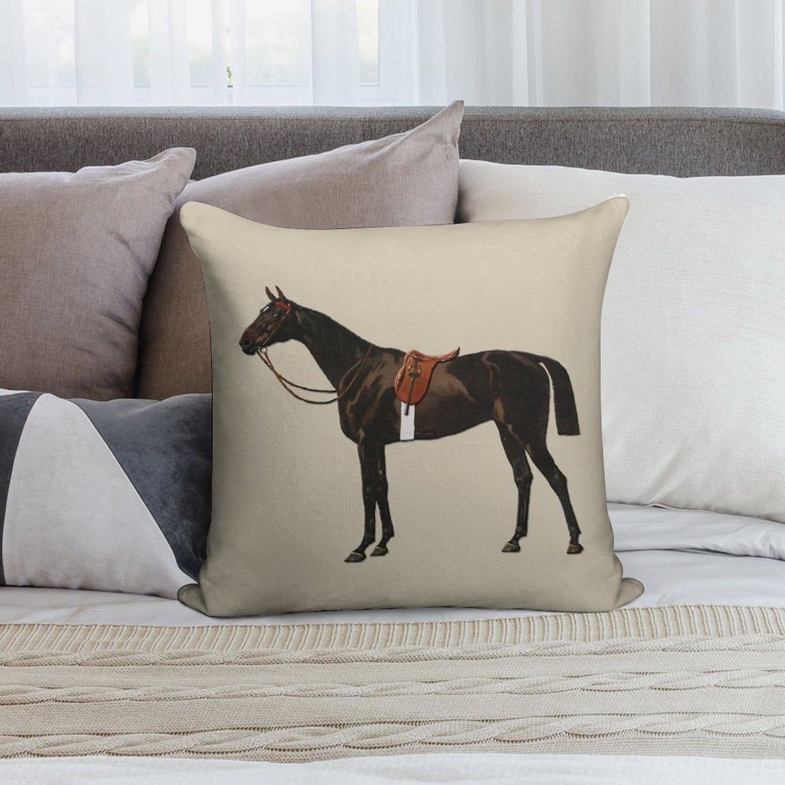 Vintage Equestrian Saddled Riding Horse Soft Anti-Pilling Throw Pillow
