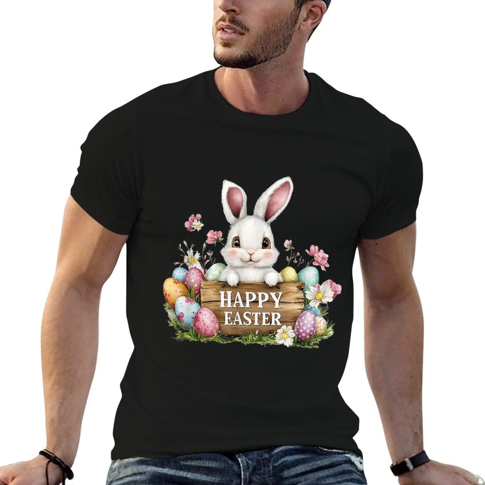 Cute Bunny With Happy Easter Sign  Colorful Easter Eggs  Soft T-Shirt