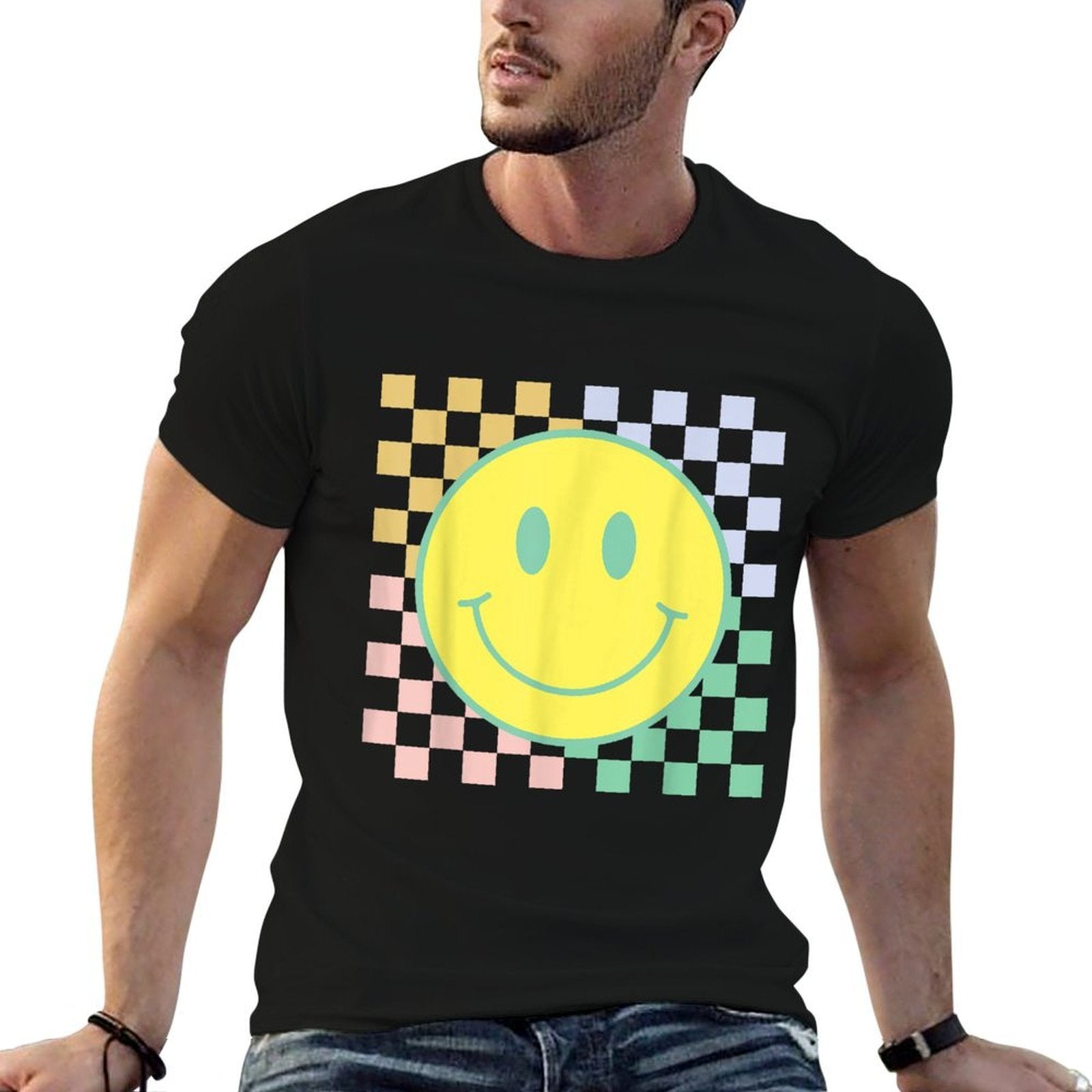 Retro Happy Face Checkered Pattern Smile Face Trendy  Eco-friendly Material T-Shirt