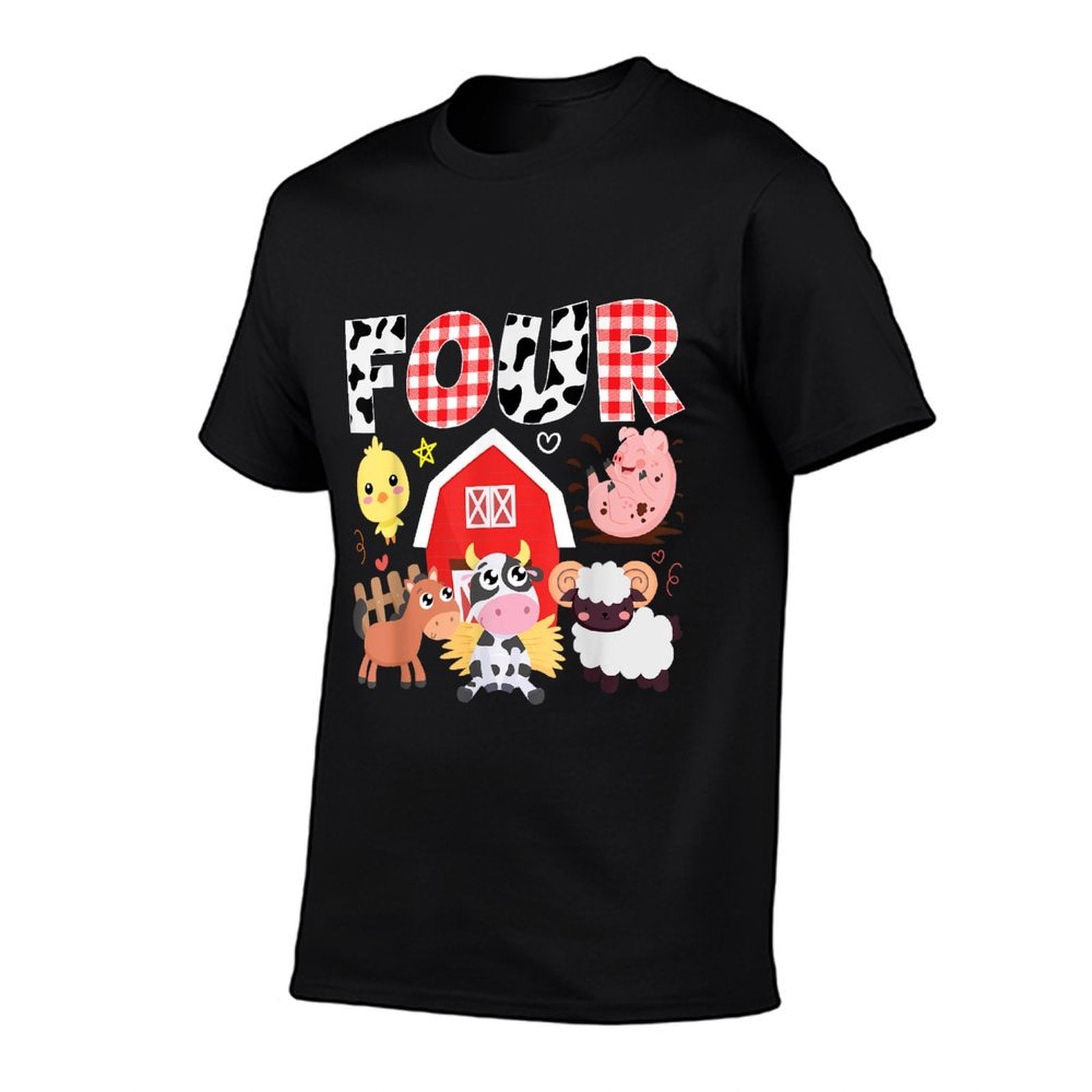 4th Birthday Four Year Old Farm Theme Animals Birthday Party  Rolled Sleeves T-Shirt