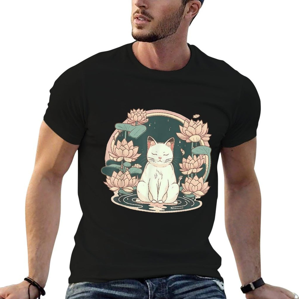 Yoga Meditation Spiritual Zen Lotus Cat on Lotus Flower  Cotton T-Shirt