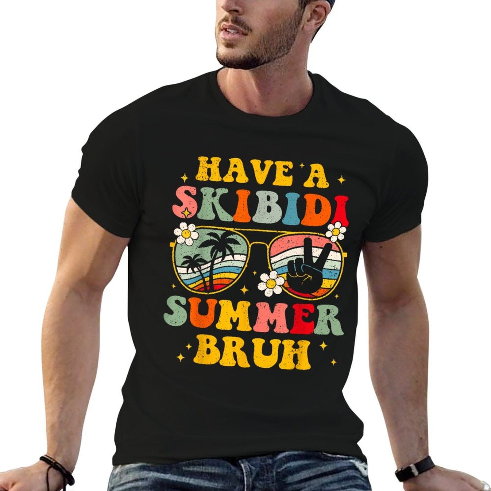 Retro Have A Skibidi Summer Bruh Last Day Of School  Ribbed Collar T-Shirt