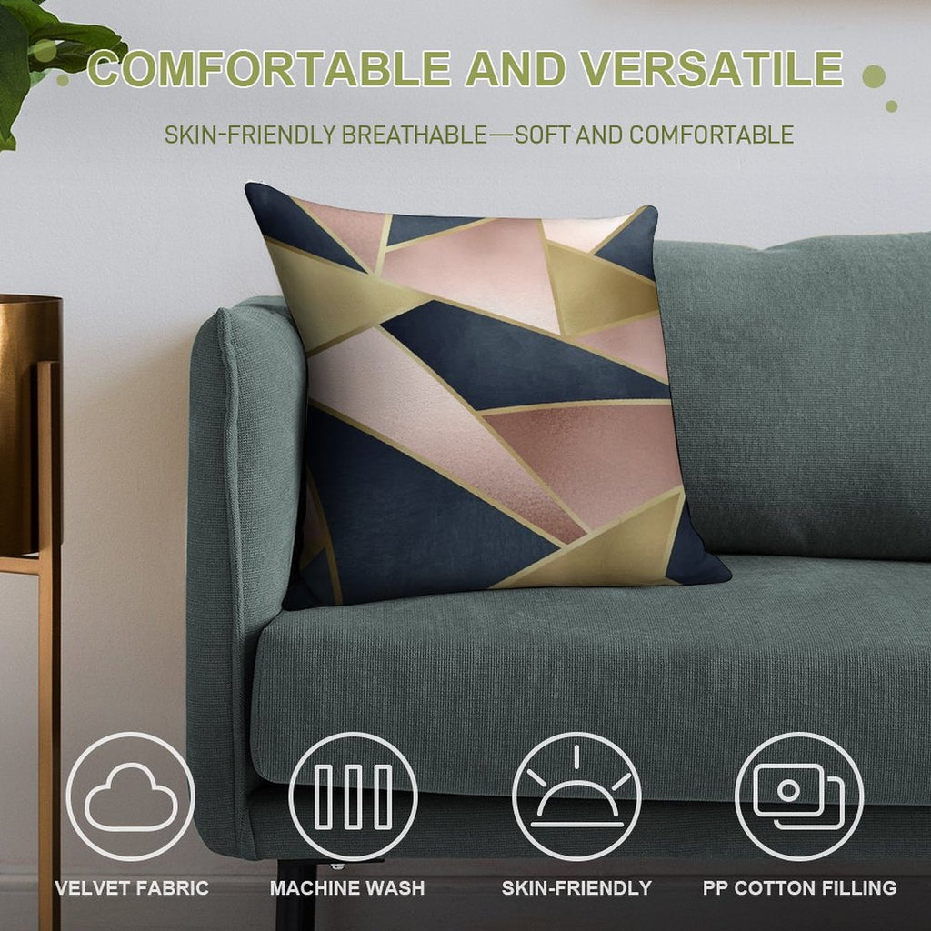 Geometric, Rose Gold, Pink, Gold And Navy Blue, Abstract, Pattern Soft Fade-Resistant Throw Pillow