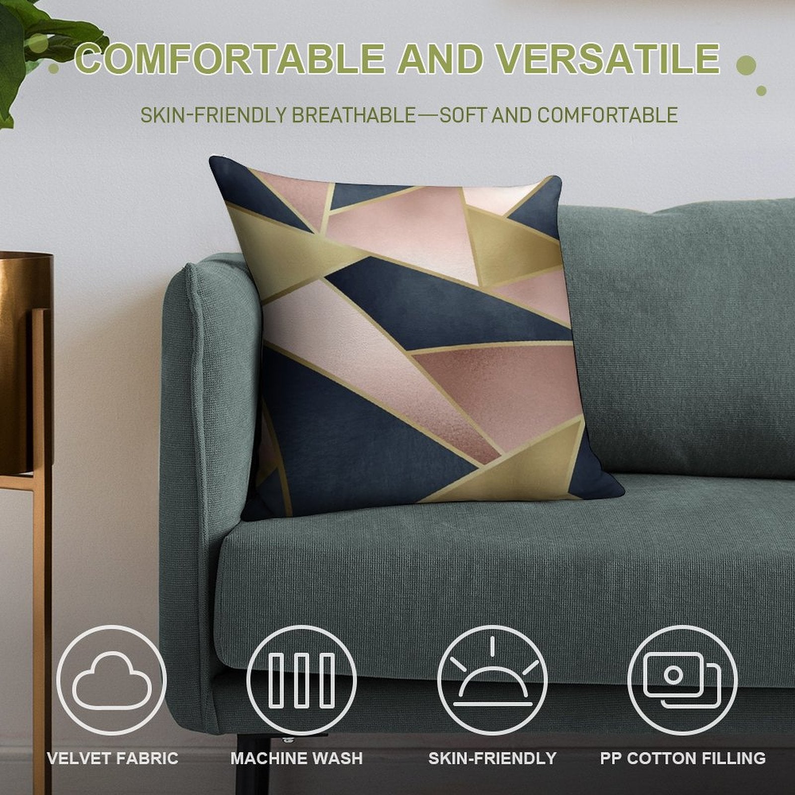 Geometric, Rose Gold, Pink, Gold And Navy Blue, Abstract, Pattern Soft Fade-Resistant Throw Pillow