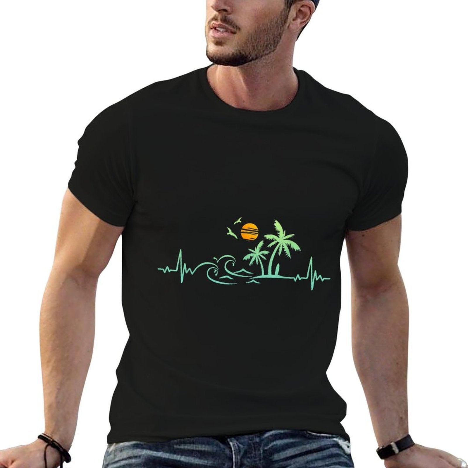 Heartbeat Palm Tree Retro Tropical Beach Island Trees Funny  Summer-ready Fabric T-Shirt