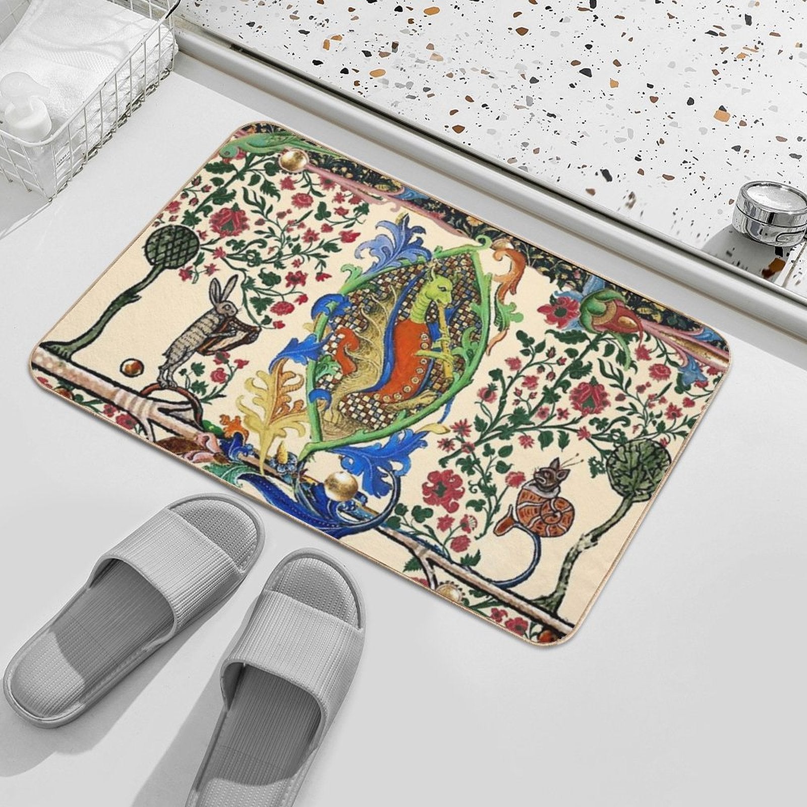 WEIRD MEDIEVAL BESTIARY MAKING MUSIC, Dragon Playing Flute ,Harpist Rabbit,Snail Cat  Slip-Resistant Bath Mat