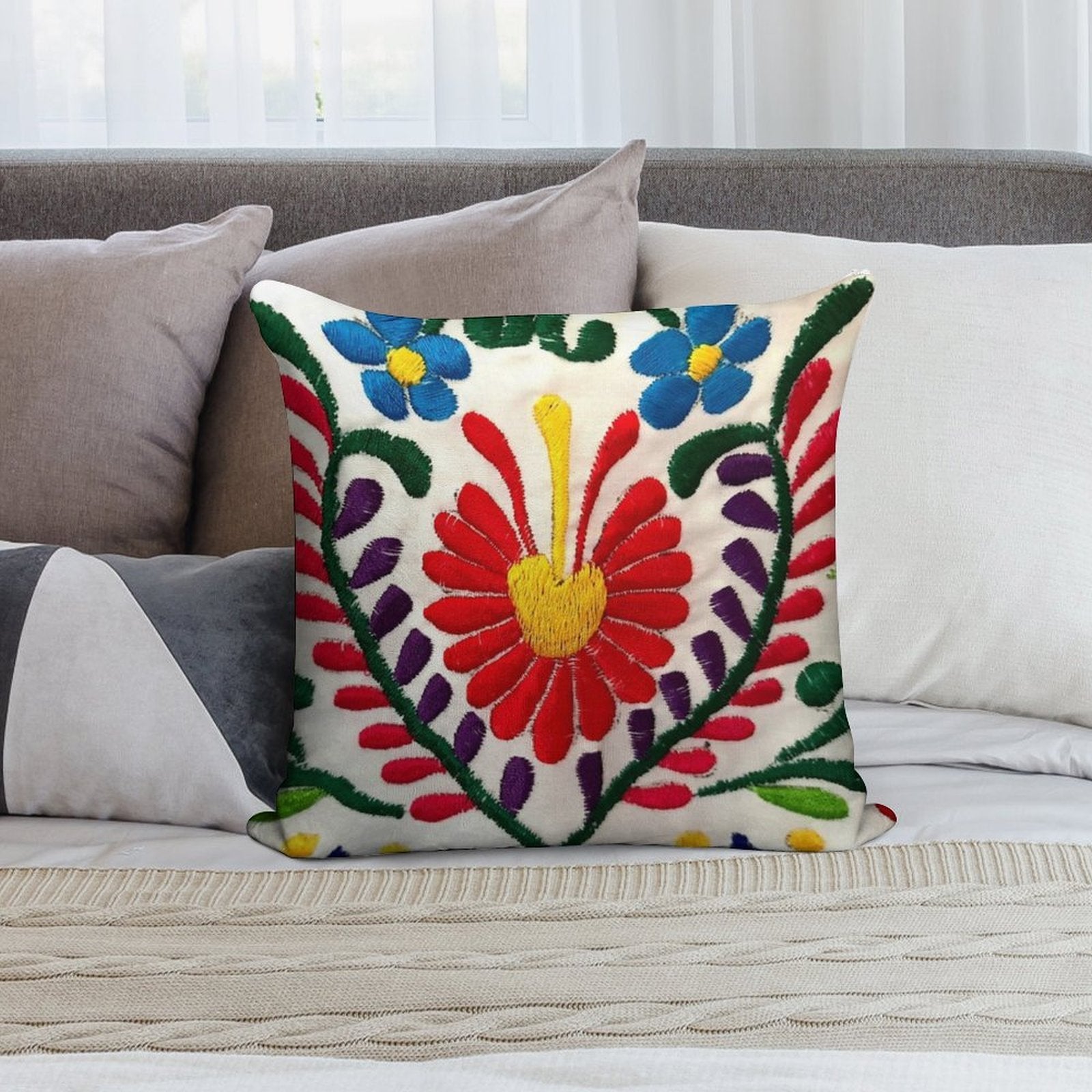 Mexican Flowers Soft Reinforced Edging Throw Pillow