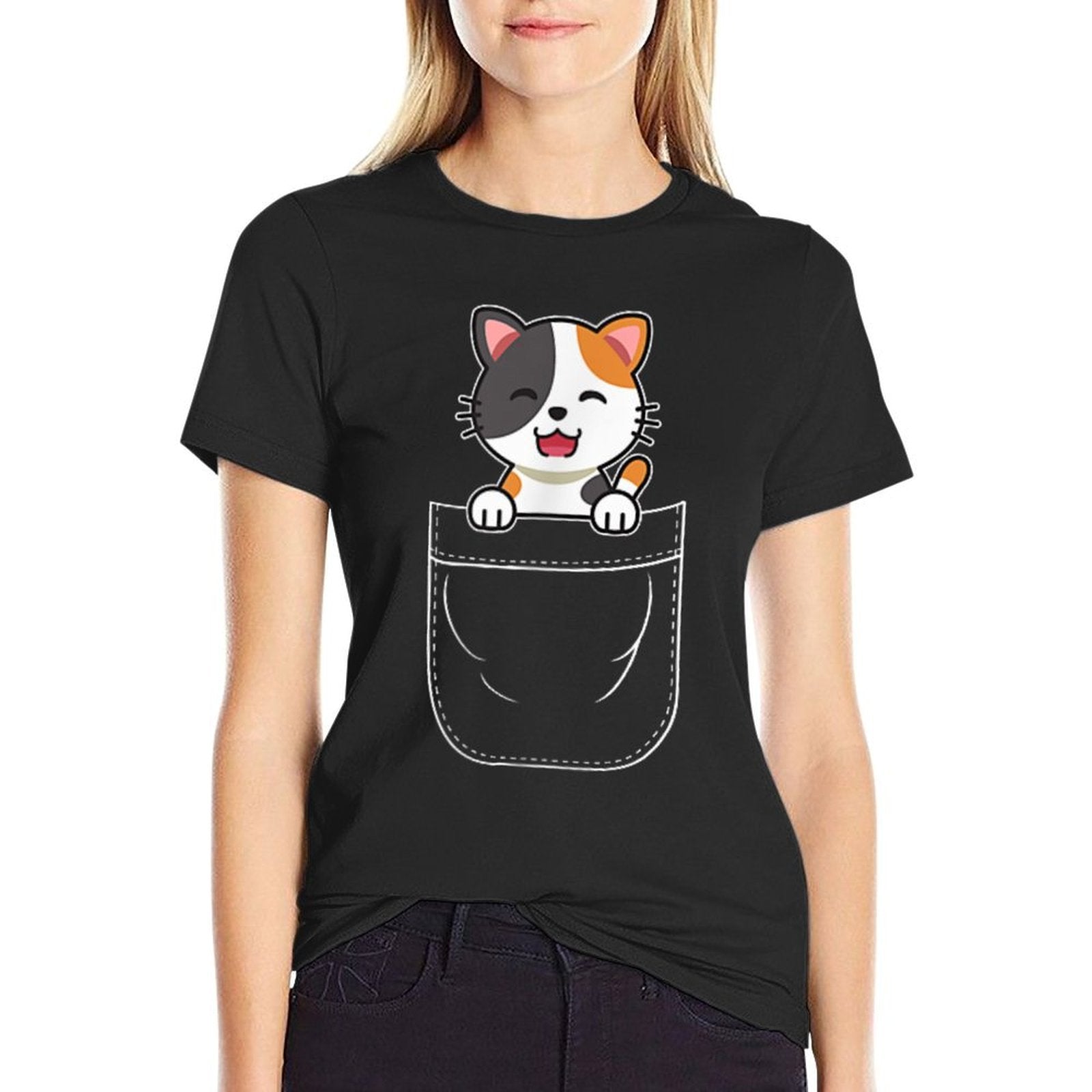 Cute Calico Cat Kitten in Pocket for Men Women Girls Kids  Breathable T-Shirt