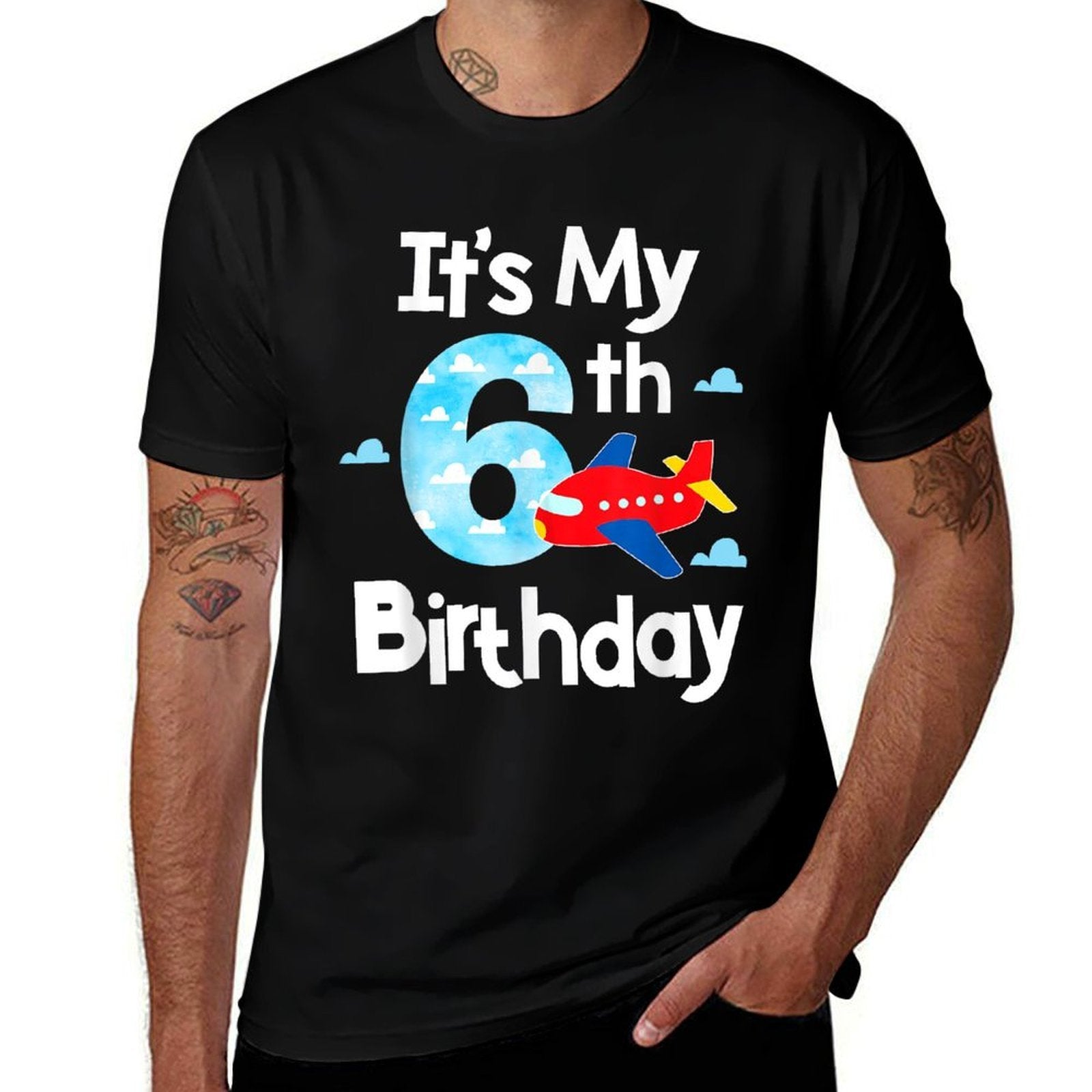 It's My 6th Birthday Airplane Pilot 6 Years Old Boy Girl  Ribbed Collar T-Shirt