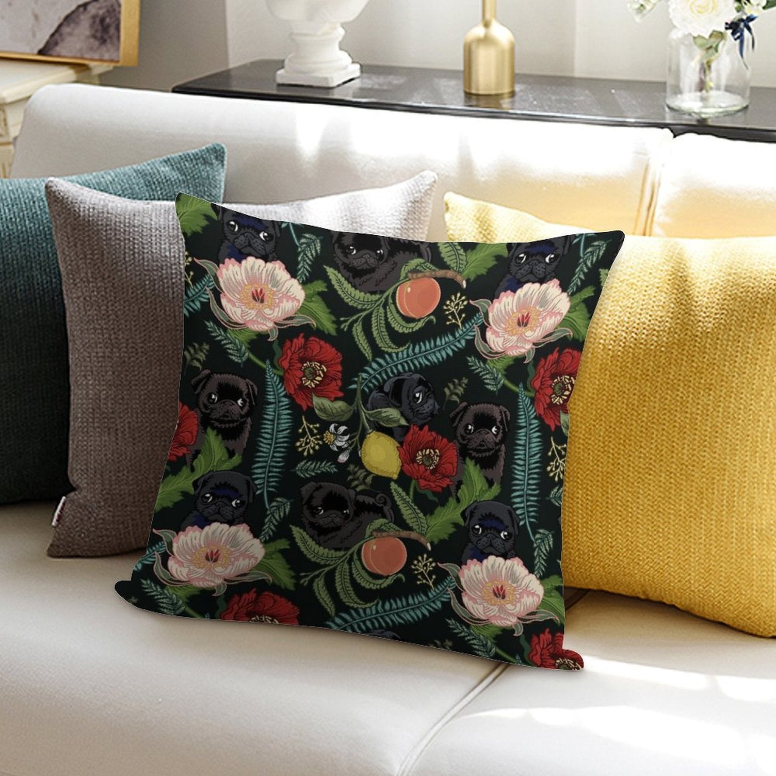 Botanical And Black Pugs Soft Warmth Comfort Throw Pillow