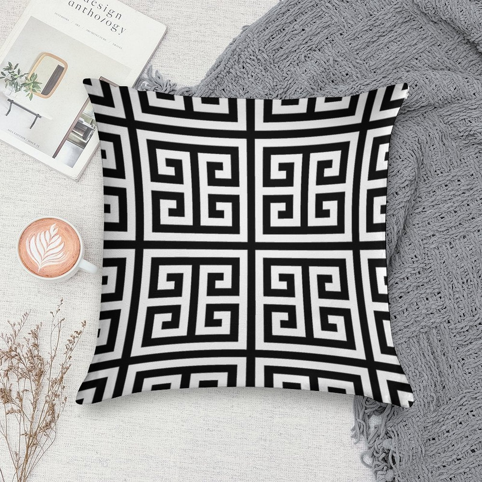 Greek Key Black And White Pattern Soft Hidden Zipper Throw Pillow