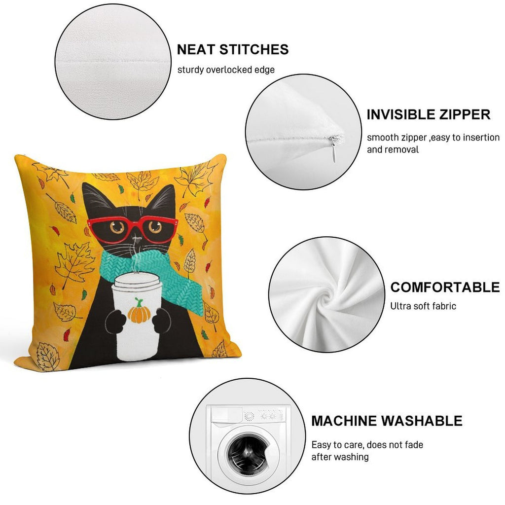 Autumn Pumpkin Coffee Cat Soft High-Density Material Throw Pillow