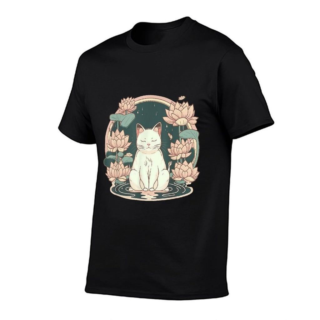 Yoga Meditation Spiritual Zen Lotus Cat on Lotus Flower  Cotton T-Shirt