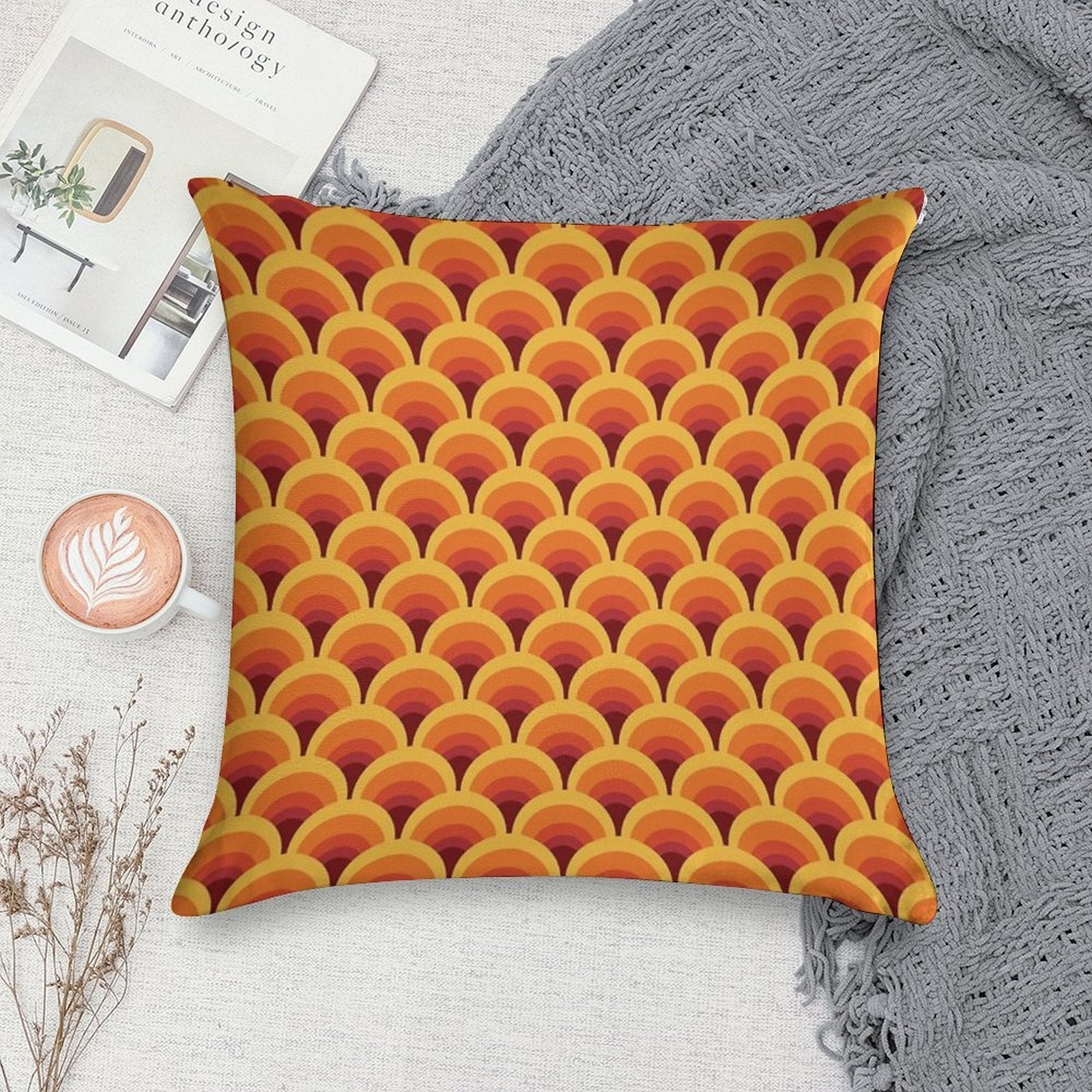 Orange Wave Gradient Retro Pattern Soft Anti-Pilling Throw Pillow