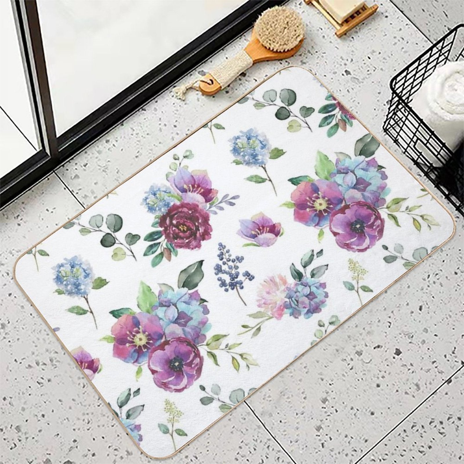 Blue Floral Print  Rapid-Drying Bath Mat
