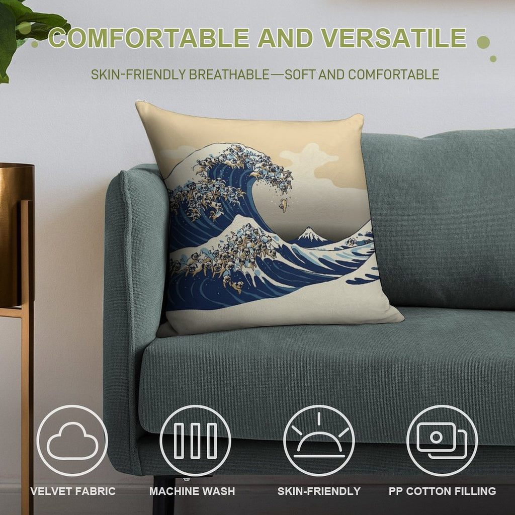 The Great Wave of Pugs Vanilla Sky Soft Skin-Friendly Throw Pillow
