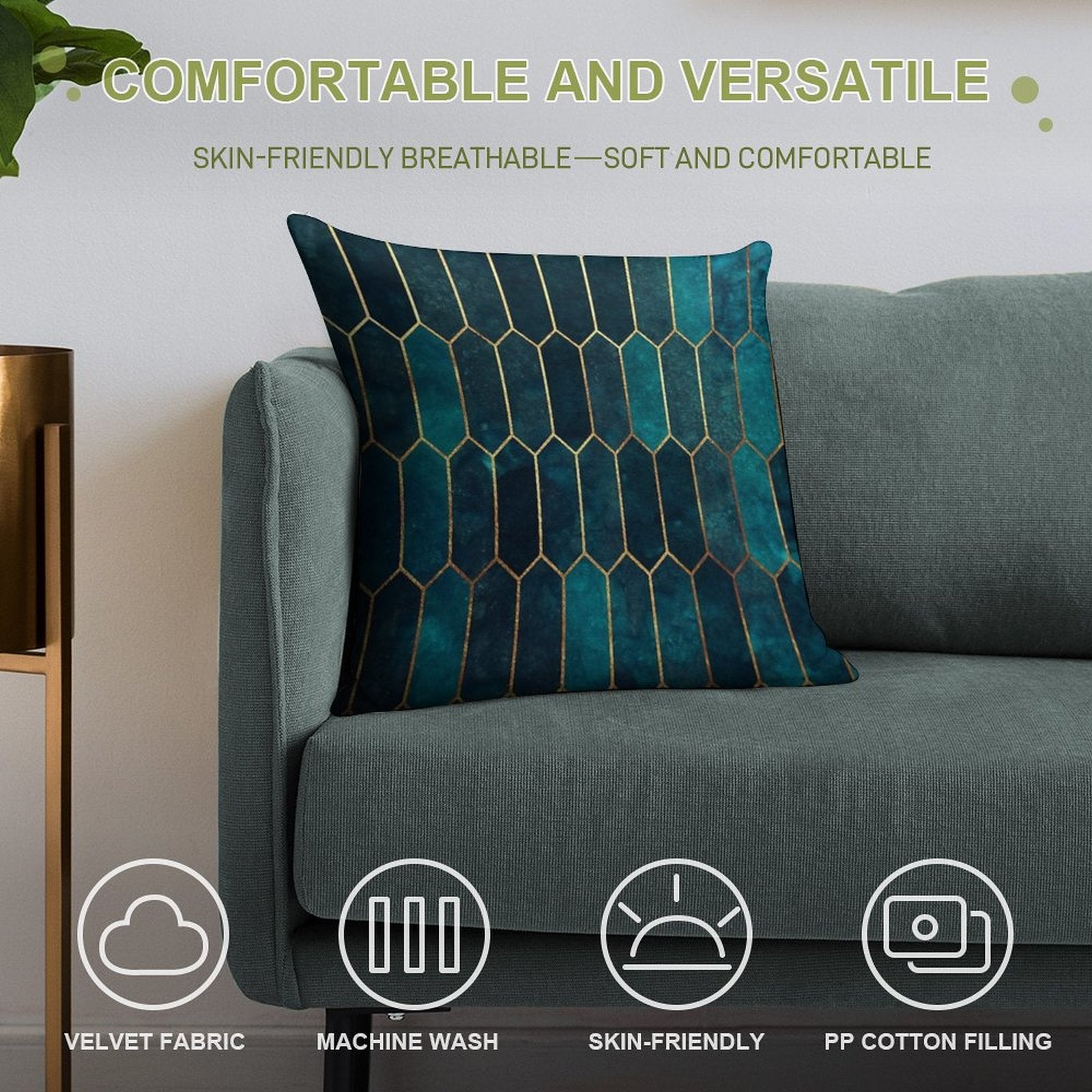 Deep Teal And Blue Gold  Pattern Soft Durable Construction Throw Pillow