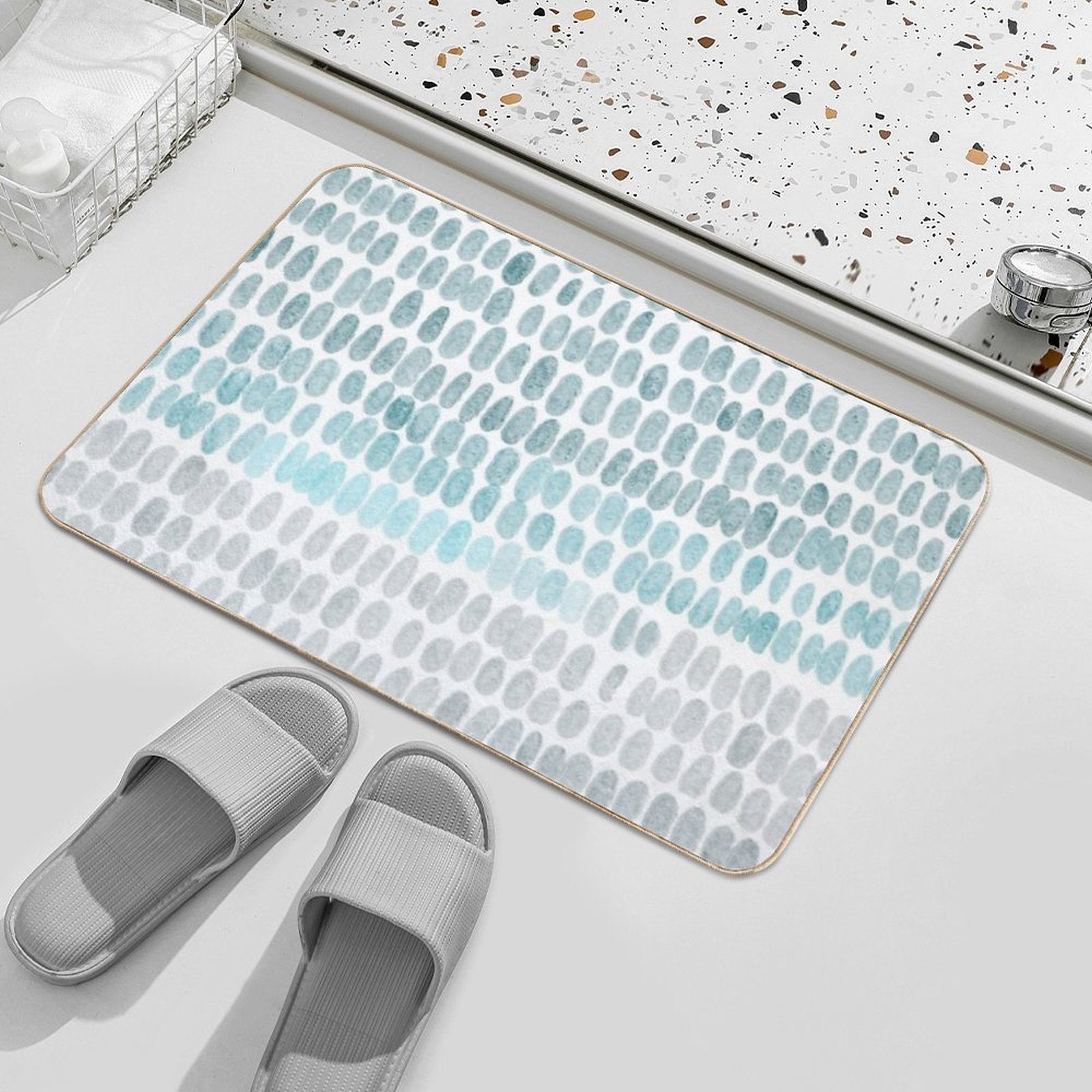 Abstract And Organic Blue Watercolor Drops in White  Fade-Resistant Bath Mat
