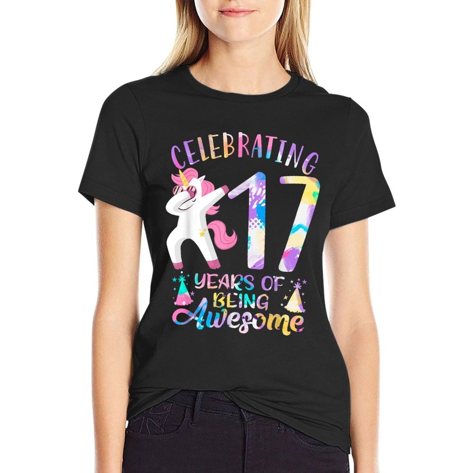 Celebrating 17 Years of Being Awesome Unicorn 17th Birthday  Ribbed Collar T-Shirt