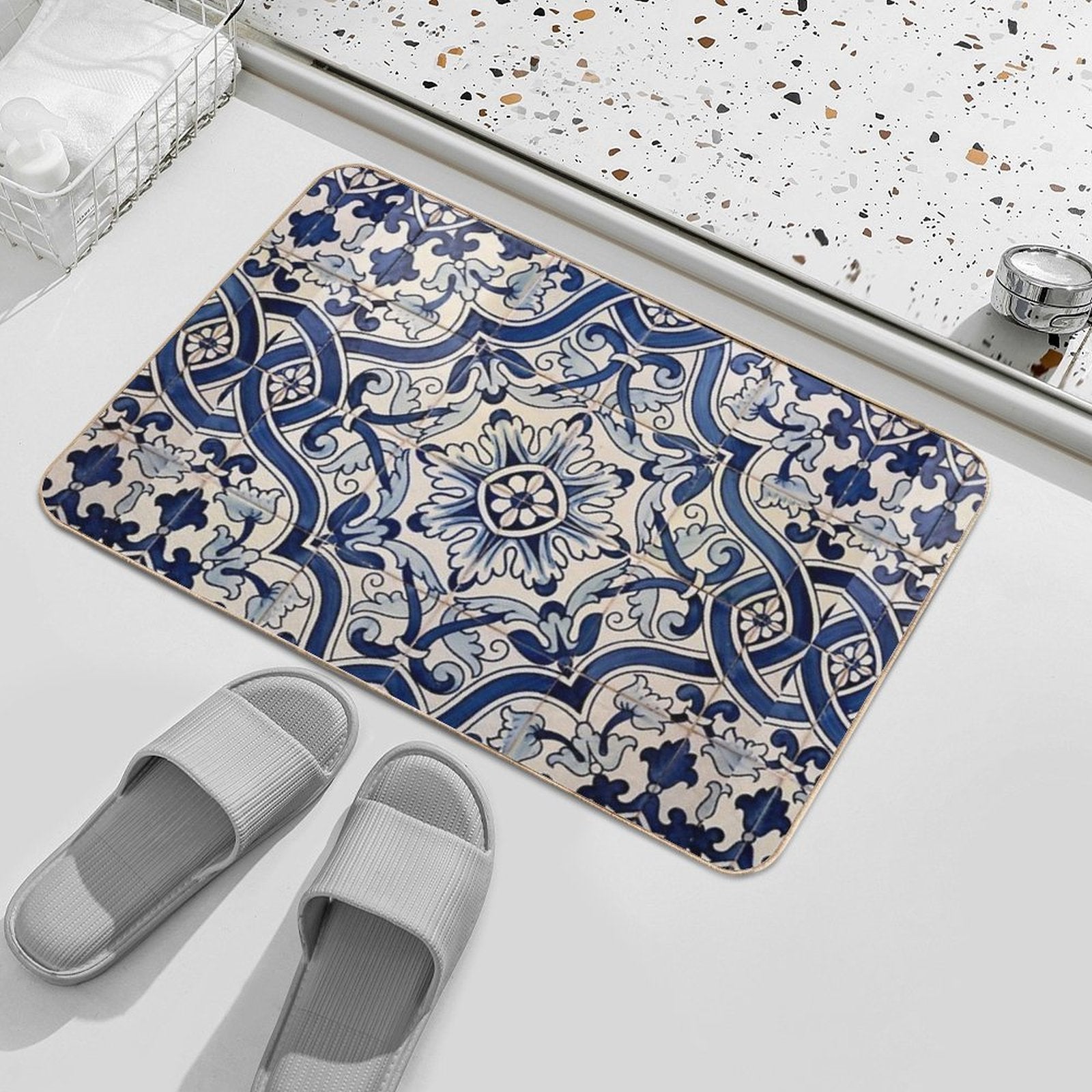 Beautiful Blue Portuguese Tile - Azulejo  Easy Maintenance Bath Mat