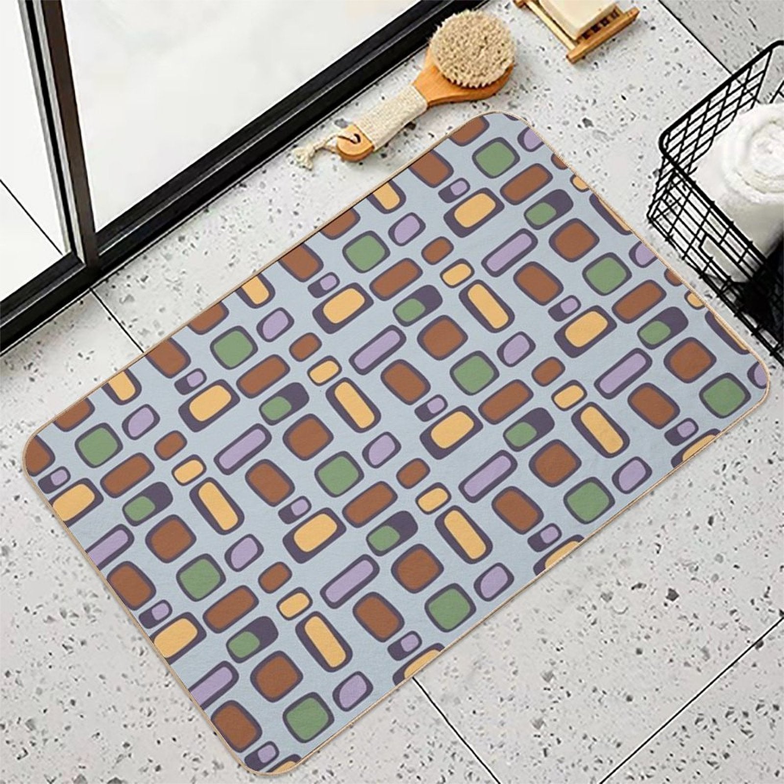 Colorful Retro Mid Century Aesthetic Squares Geometric Pattern Gray Blue & Brown  Versatile Bath Mat