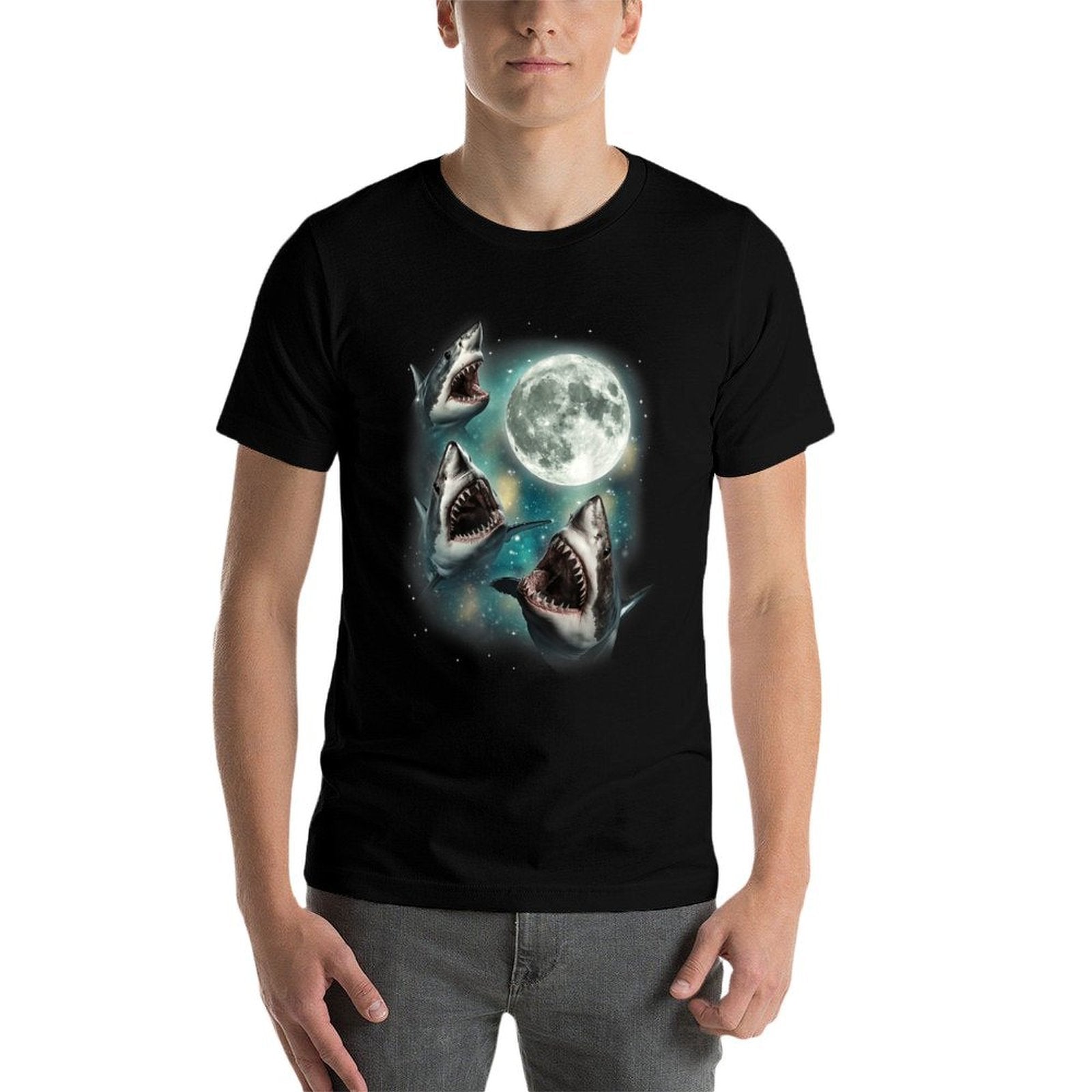 Three Shark Moon  3 Great Whites Howling Wolfs Moon Parody  Ribbed Collar T-Shirt