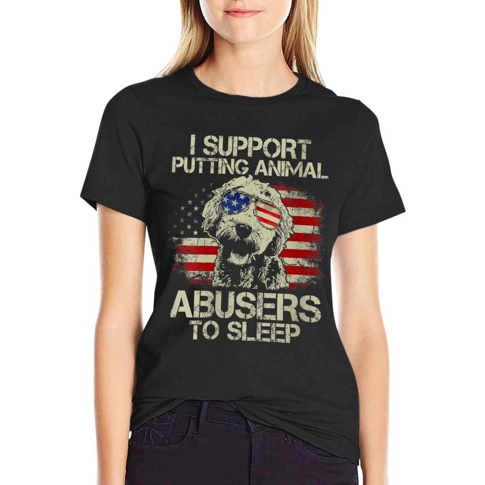 Womens Doodle USA I Support Putting Animal Abusers To Sleep  Oversized Silhouette T-Shirt