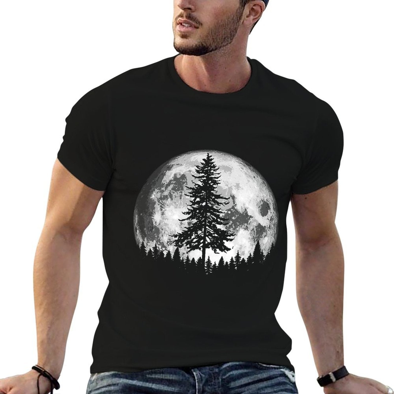 Retro Full Moon  Minimalist Pine Tree Vintage Graphic  Wrinkle-resistant T-Shirt