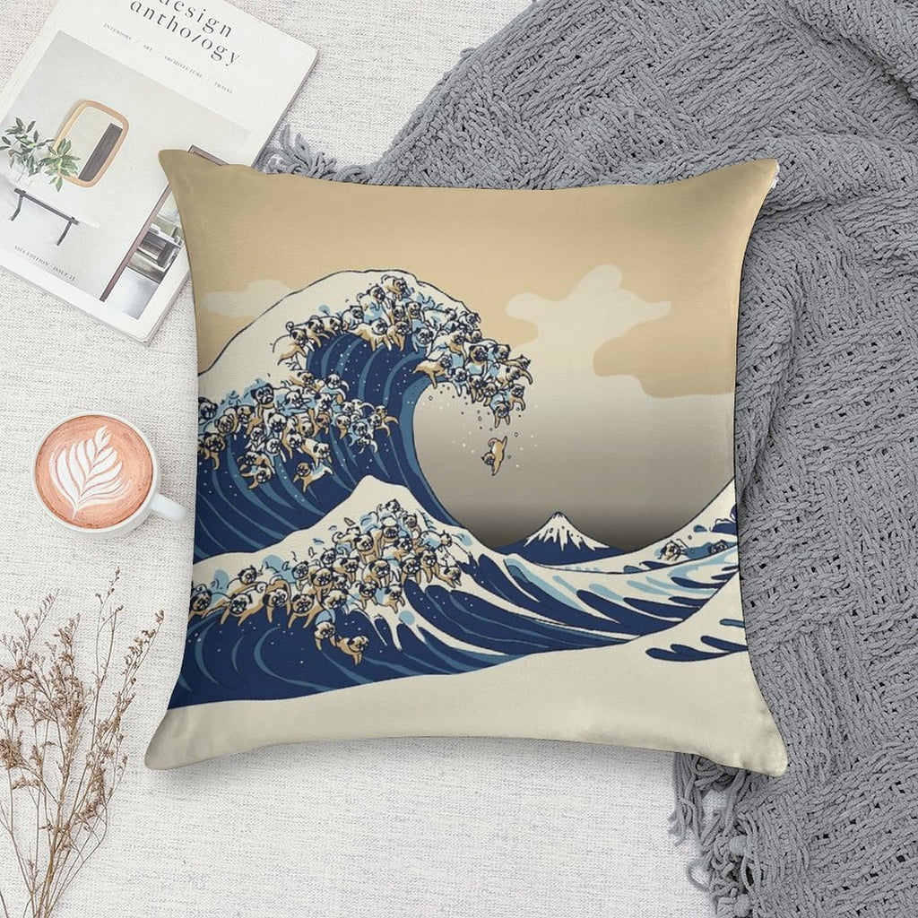 The Great Wave of Pugs Vanilla Sky Soft Skin-Friendly Throw Pillow
