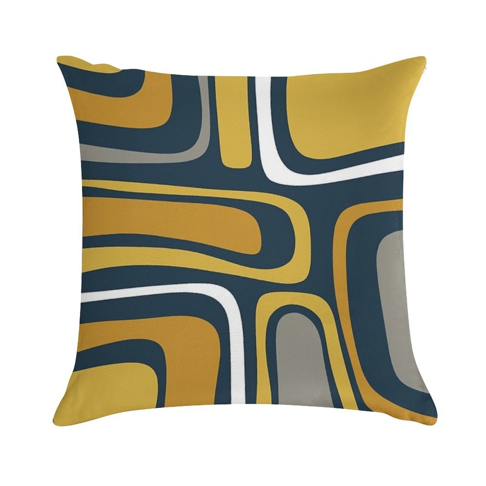 Palm Springs Mid-Century Modern Abstract Pattern in Light And Dark Mustard, Gray, And White on Navy Blue Soft Skin-Friendly Throw Pillow