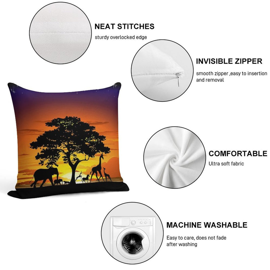 Wild Animals on African Savanna Sunset Soft High-Density Material Throw Pillow