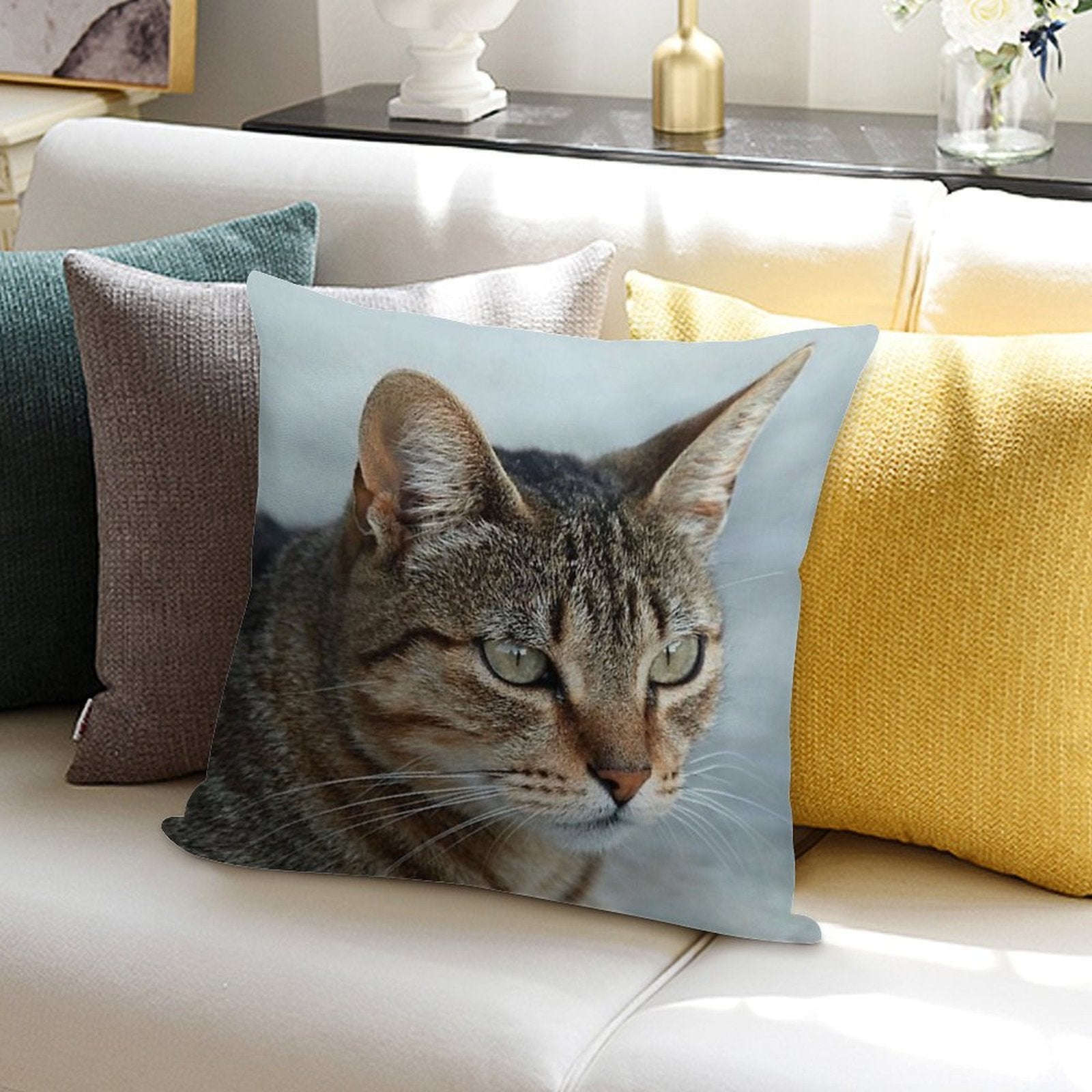 Stunning Tabby Cat CloseUp Photo Portrait Soft Bedroom Essential Throw Pillow