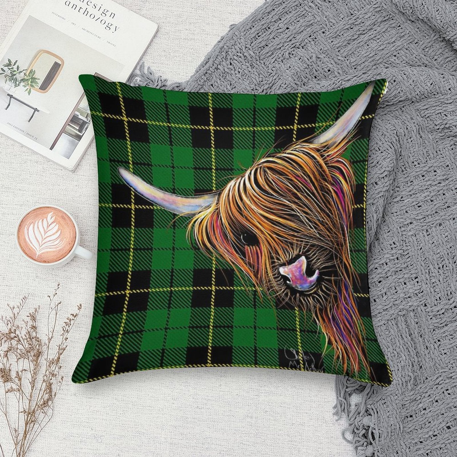 SCoTTiSH HiGHLaND CoW ' TaRTaN NooDLeS G ' by SHiRLeY MacARTHuR Soft Home Decor Throw Pillow