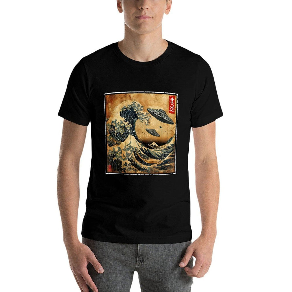 The Great Wave Off Kanagawa And UFO Ships Japanese Vintage  Affordable Price T-Shirt