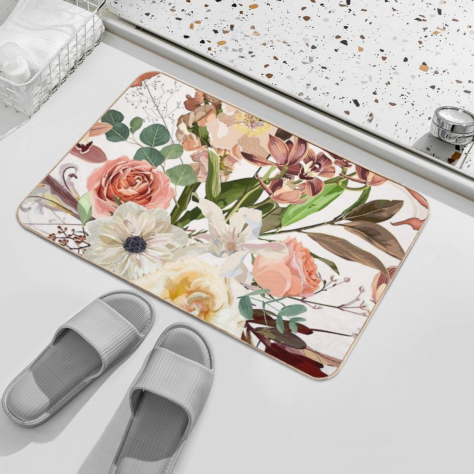 Detailed Hand Drawn Flowers - Blooming Magnolia, Roses, Eucalyptus And Herbs.  Stain-Proof Bath Mat